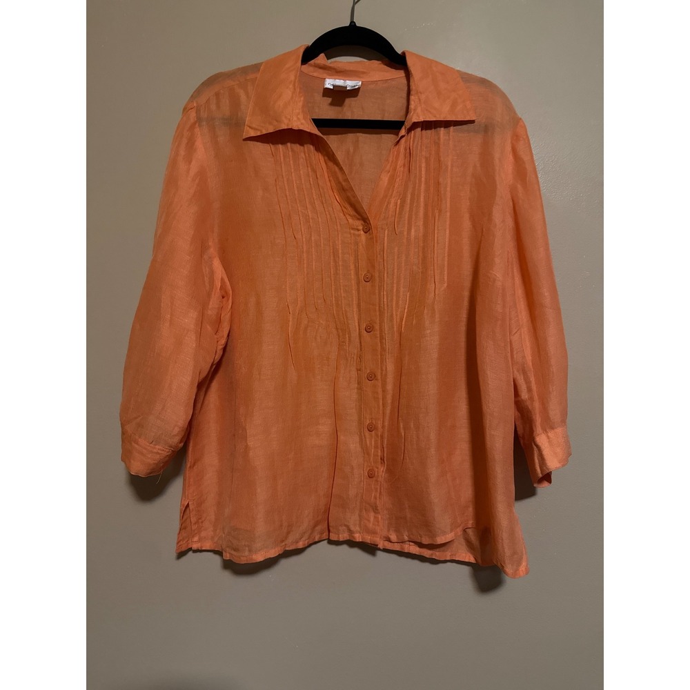 Orange Linen Silk Pintuck Blouse 3/4 Sleeve Plus Size 2X‎ Lagenlook Minimalist